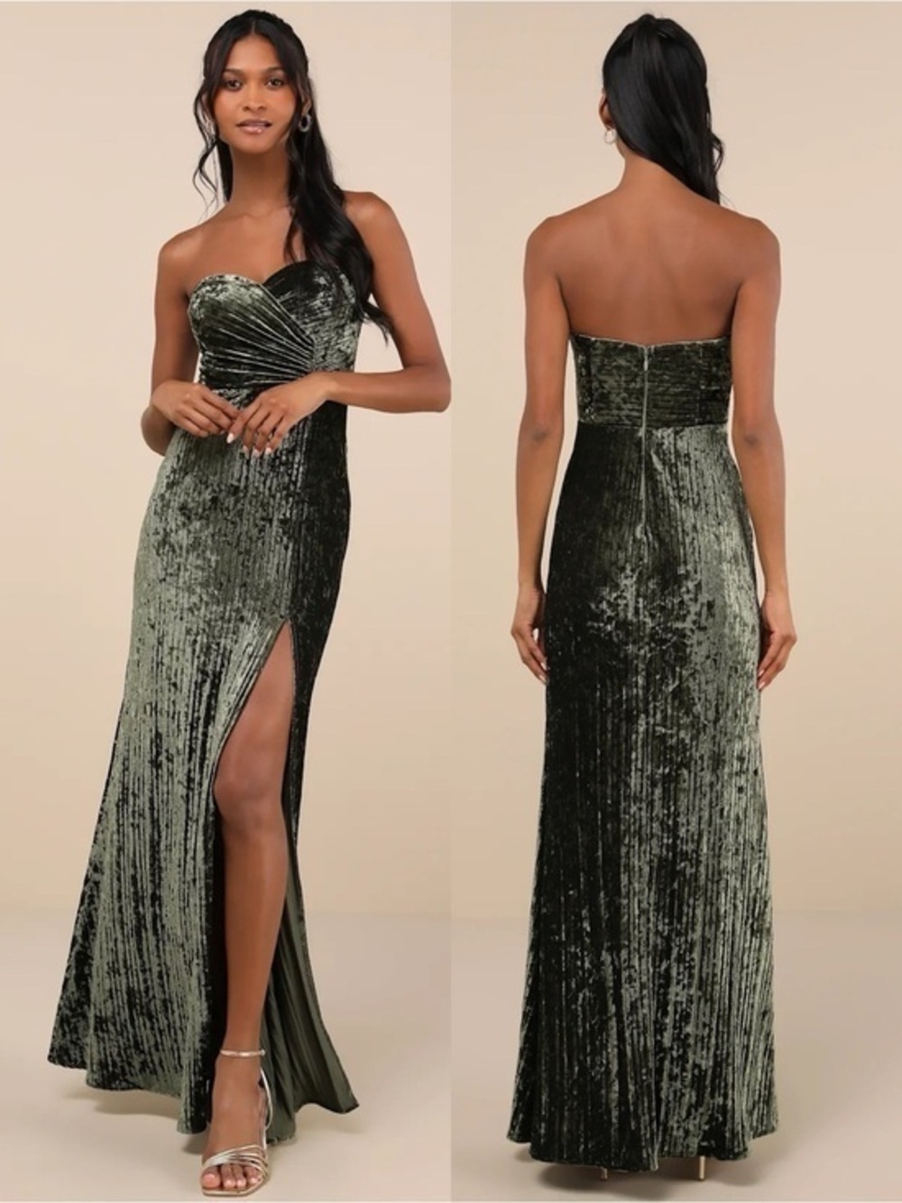 Lulu's Olive Green Velvet Strapless Maxi Dress